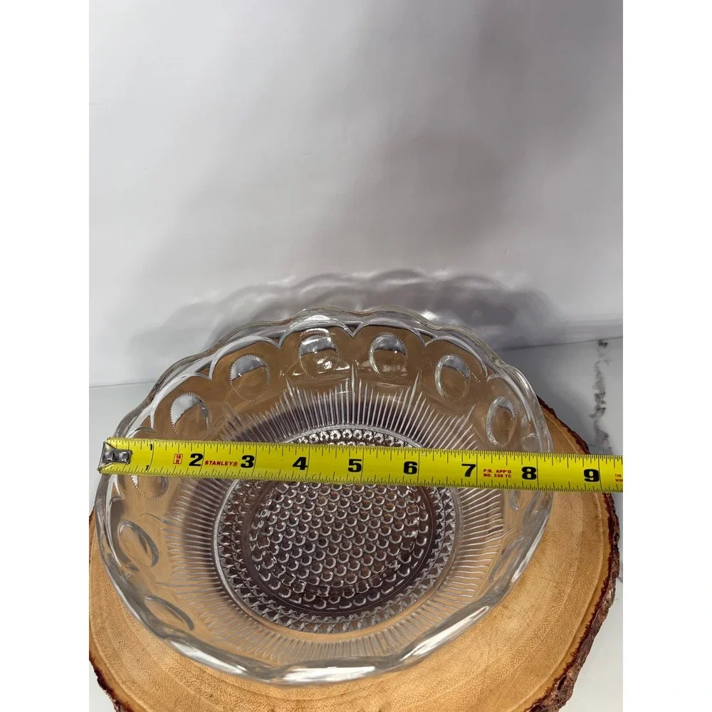 Vintage Clear Pressed Glass Bowl Scalloped Edge Thumbprint‎ Ribbed Hobnail 8.5
